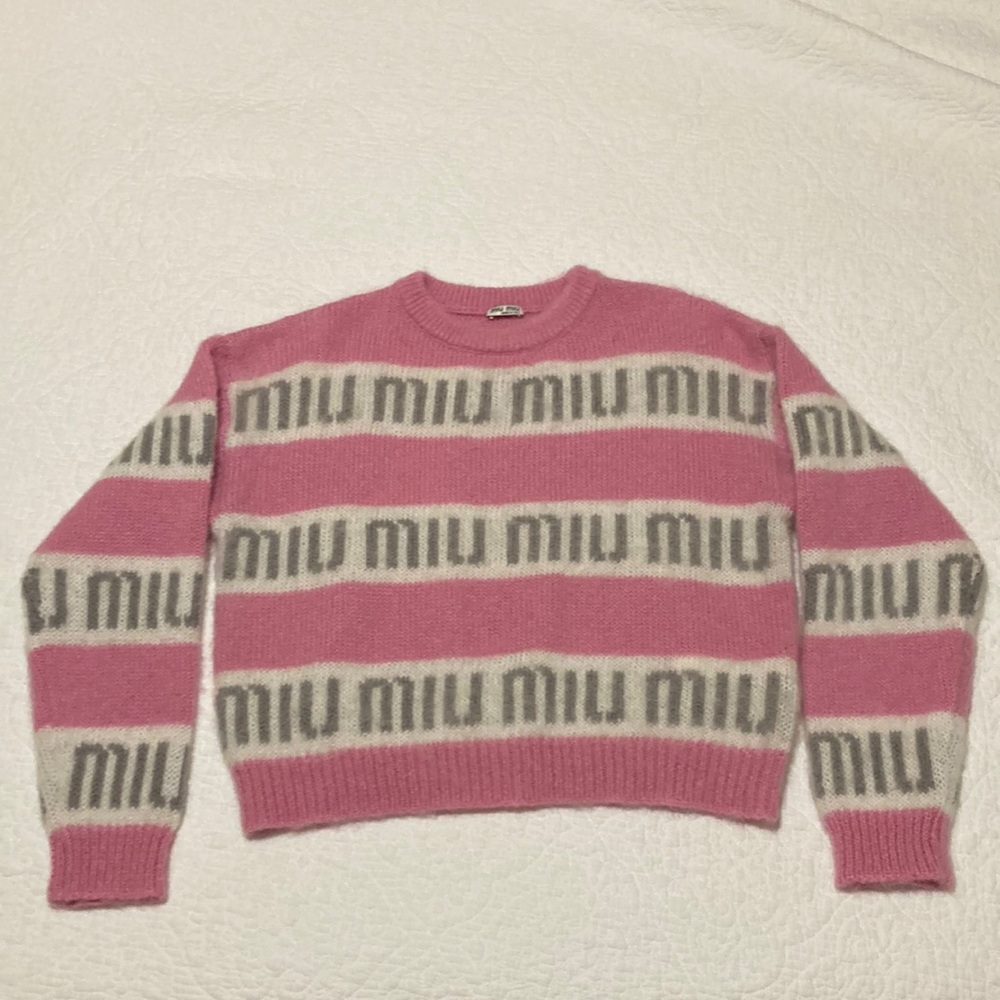 Miu Miu fuchsia logo sweater intarsia logo stripe mohair knit fuzzy jumper 2021